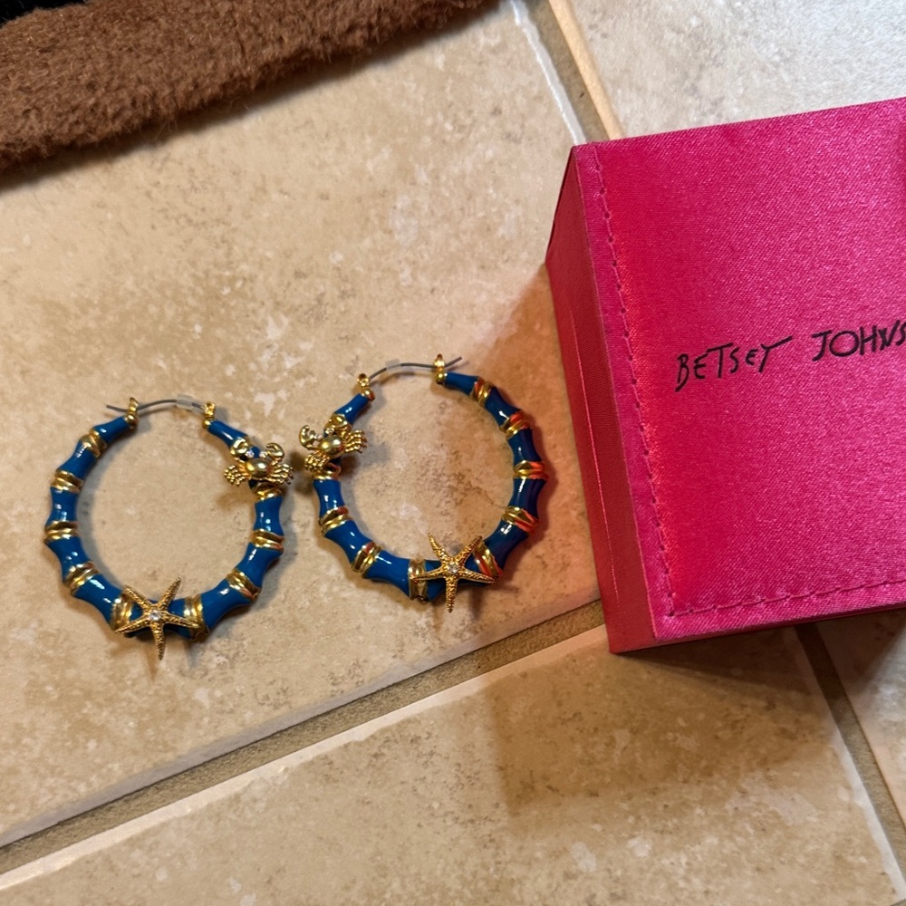 Betsey Johnson Blue and Gold Starfish Hoop Earrings
